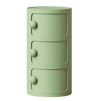 3 Tier Round Nightstand with Drawers, Plastic Green Nightstand Modern Round Bedside Table with Handles and Sliding Door for Bedroom, Living Room - color: Green