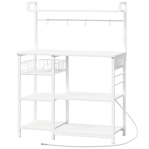 HOOBRO Bakers Rack with Power Outlet, 35.4 Inches Coffee Bar with Mesh Basket, Microwave Stand with 4 S-Shaped Hooks, Kitchen Bakers Rack with Storage, Easy to Assemble, White WT05HB01 - color: White