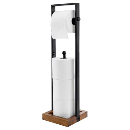 MyGift Freestanding Toilet Paper Holder with Reserve Roll Storage, Bathroom Floor Toilet Paper Holder Stand Organizer, Industrial Matte Black Metal and Burnt Wood