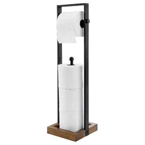 MyGift Freestanding Toilet Paper Holder with Reserve Roll Storage, Bathroom Floor Toilet Paper Holder Stand Organizer, Industrial Matte Black Metal and Burnt Wood