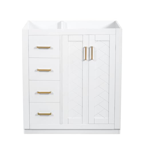 30 Inch White Bathroom Vanity Without Sink,Bathroom Vanity Base Cabinet | with Herringbone Pattern Soft Closing Doors,3 Left Drawers,Solid Wood Frame,Floor-Standing with Toe-Kick - color: White, size: 30 Inch Base Only(Left Drawers)