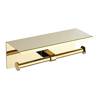 BGL Double Toilet Paper Holder Stainless Steel 304 Wall Mounted Two Heads Roll Tissue Holder with Shelf (Gold) - color: Gold