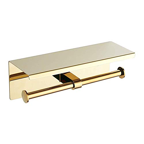BGL Double Toilet Paper Holder Stainless Steel 304 Wall Mounted Two Heads Roll Tissue Holder with Shelf (Gold) - color: Gold