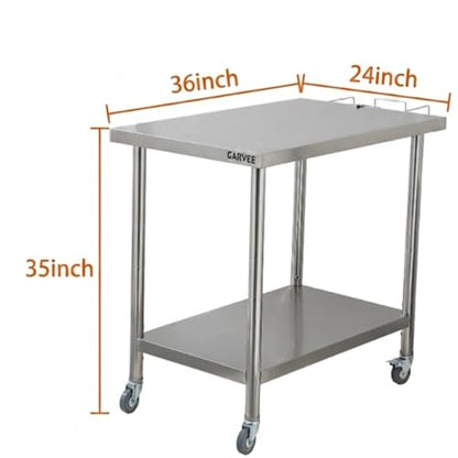Garvee Stainless Steel Straight Edge Work Table 36 inch Double Layer with Casters & Garbage Shelf, Heavy Duty Commercial Prep Table, 0.7mm Thick - size: 36*24*35 inch - with casters + trash rack