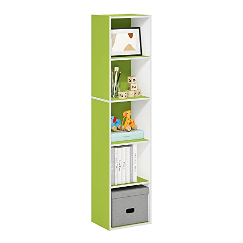 Furinno PASIR Book Shelf, 5-Tier Modern Bookshelf, Open Shelves Bookcase 9 x 12 x 52, Easy Assembly, for Living Room, Bedroom, Home Office, Green/White - color: White/Green, size: 5-Tier Cube