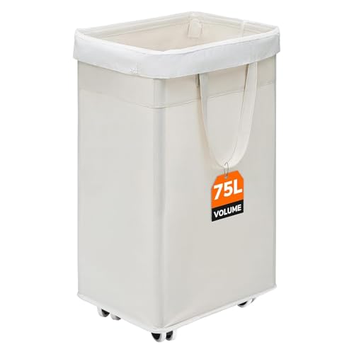 CHICVITA 75L Collapsible Laundry Hamper with Wheels & Wash Bag, White | Easy-carry handle, removable wash bag for dorms. Clothes laundry basket rolls smoothly on wheels - color: White, size: 75L (15.7"L x 11.8"W x 24.8"H)