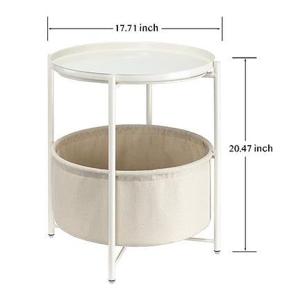 danpinera Round Side Table with Storage Basket, Nightstand Coffee Table | Metal Small Stand for Small Space, Living Room, Bedroom, Nursery Room, Modern Nightstand with Serving Tray, White - color: White