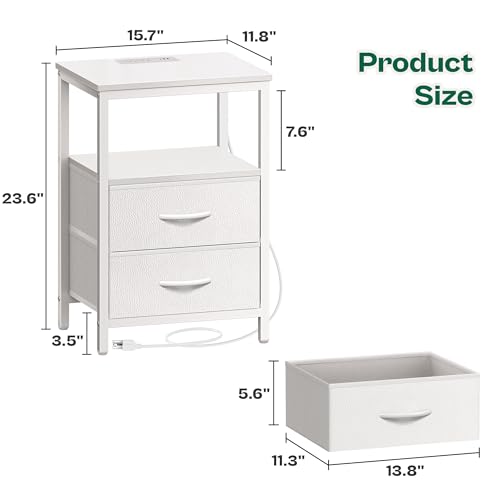 Huuger Night Stand with Charger Station and LED Lights, 2 Drawer Nightstand, Bed Side Table with Open Shelf, End Table, Fabric Dresser for Bedroom, PU Leather, White - color: White, size: 11.8"D x 15.7"W x 23.6"H（2 Drawers）