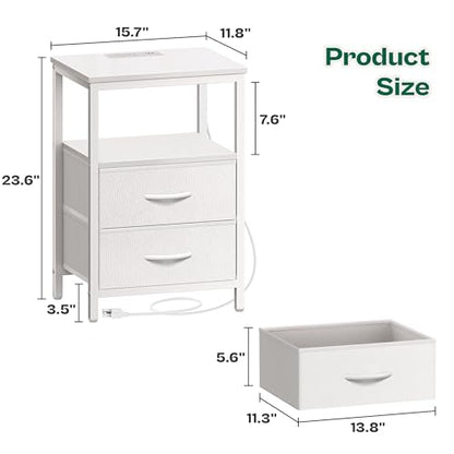 Huuger Night Stand with Charger Station and LED Lights, 2 Drawer Nightstand, Bed Side Table with Open Shelf, End Table, Fabric Dresser for Bedroom, PU Leather, White - color: White, size: 11.8"D x 15.7"W x 23.6"H（2 Drawers）