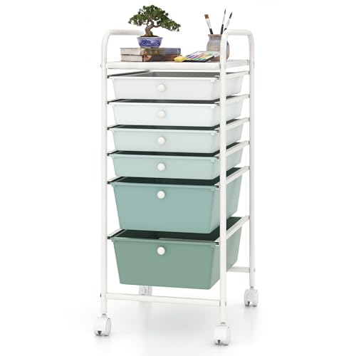 COSTWAY 6-Drawer Rolling Storage Cart, Art Craft Tools Organizer on Wheels | Multifunctional Heavy Duty Utility Mobile Storage Trolley w/ 2 Lockable Wheels for Home Office School (Green Gradient) - color: Green Gradient, size: 6 Drawer