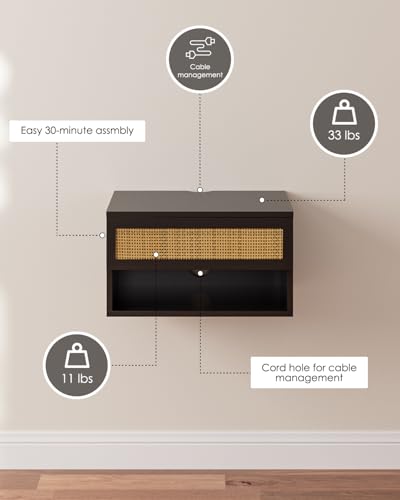 Floating Nightstand With Drawer - Small Modern Shelves for Bedroom, Bathroom (Black Rattan) - color: Black Rattan