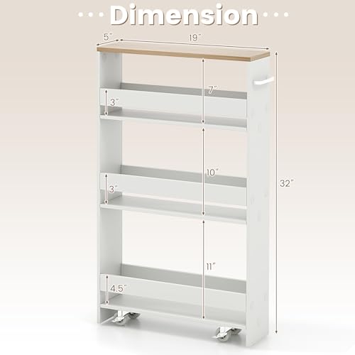 Slim Rolling Storage Cart, 4-Tier Kitchen Utility Carts on Wheels, Wood Shelving Unit Organizer Trolley with Handle, 5” Width Narrow Cart for Small Spaces, Laundry, Bathroom (White & Natural)