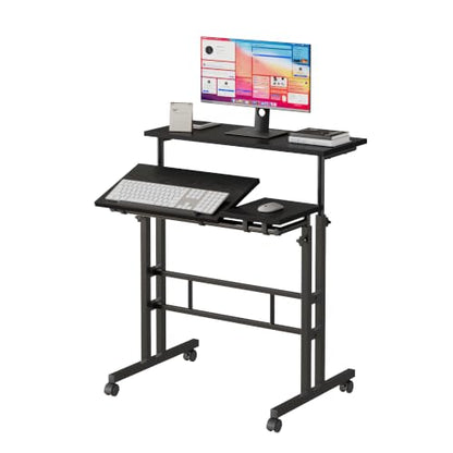 VECELO Mobile Small Standing Desk Adjustable Height, Computer Workstations with Tiltable Tabletop, Lockable Wheels, Portable Rolling Laptop Desk for Home Office, Black - color: Black