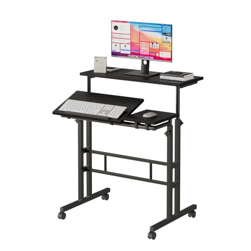 VECELO Mobile Small Standing Desk Adjustable Height, Computer Workstations with Tiltable Tabletop, Lockable Wheels, Portable Rolling Laptop Desk for Home Office, Black - color: Black
