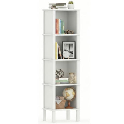 4-Tier Narrow Bookshelf for Small Spaces, Modern 4 Cube Bookcase, 14.2 x 11.2 x 52 Inches, Skinny Storage Shelving Unit, Open Display Rack for Bedroom, Living Room, Home Office,Corner (White)