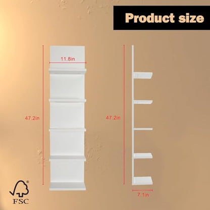 5 Tier Wall Shelf with Light, Floating Lack Shelf for Wall Storage, Wall Mounted Vertical Display Shelf for Bedroom Living Room Vanity, White - color: White