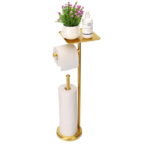 Noonext Gold Toilet Paper Holder Stand, Freestanding Toilet Paper Stand with Tray for Small Items, Toilet Paper Holder with Shelf, Storage Space for 4 Extra Toilet Paper Rolls (Gold) - color: Gold