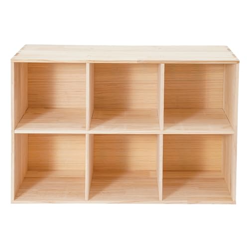 6-Cube Solid Wood Bookshelf, 2-Tier Storage Organizer Semi-Open Floor Display Shelf Closet Cabinet with 3 Baskets for Home Office Library School, 12" D x 35" W x 24" H - size: 6-Cube, with Baskets