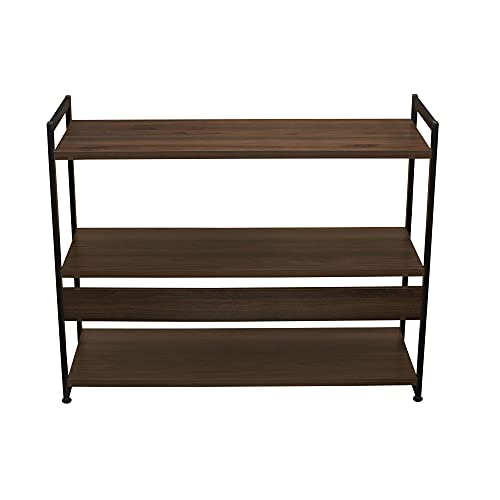 Household Essentials Jamestown Wide 3 Shelf Open Storage Bookshelf Mid Century Walnut Wood Grain and Black Metal - color: Walnut