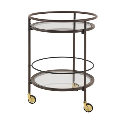 GDFStudio Modern Coffee Brown Round Bar Cart with Dual Tempered Glass Shelves, Gold Metal Accents and Lockable Casters, Rolling Beverage Serving Cart for Living Room, Dining Room or Kitchen - color: Coffee