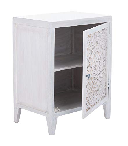 SAFAVIEH Furniture - Thea 1-Door Carved Nightstand - White Washed - Mango Wood - Artisan Global Design - Ideal for Bedroom, 20"W x 14"D x 26"H - Fully Assembled (NST5300C) - color: White Washed