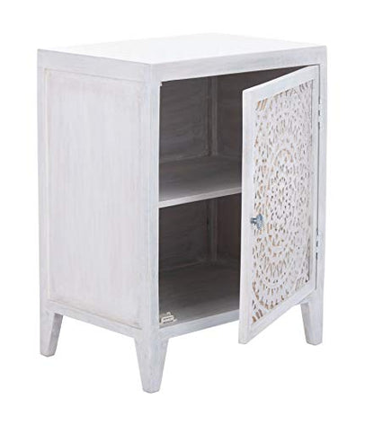 SAFAVIEH Furniture - Thea 1-Door Carved Nightstand - White Washed - Mango Wood - Artisan Global Design - Ideal for Bedroom, 20"W x 14"D x 26"H - Fully Assembled (NST5300C) - color: White Washed