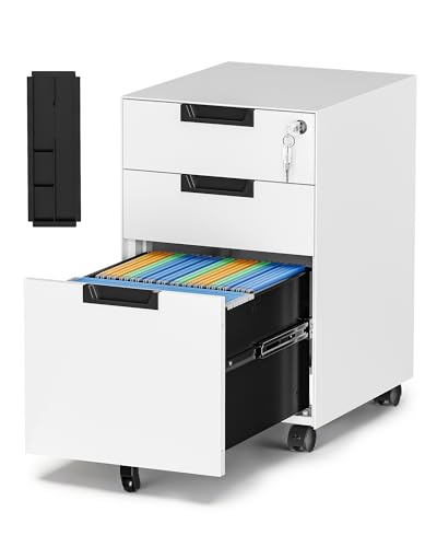 Mobile File Cabinet,3 Drawer Locking Storage Filing Cabinet,Office Metal Storage Cabinet on Wheels for Legal/Letter/A4 File(Fully Assembled，White) - color: White, size: 14.6"W x 23.6"H x 17.3"D