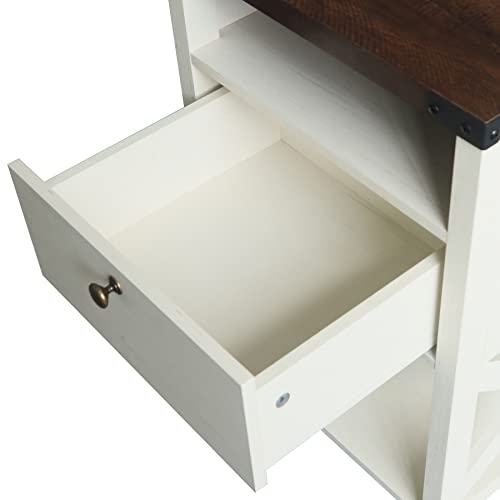 Rainbow Sophia Nightstand with Charging Station, Modern End Table with Drawer, Bedside Table with Open Storage, Vintage White/Espresso