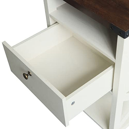 Rainbow Sophia Nightstand with Charging Station, Modern End Table with Drawer, Bedside Table with Open Storage, Vintage White/Espresso