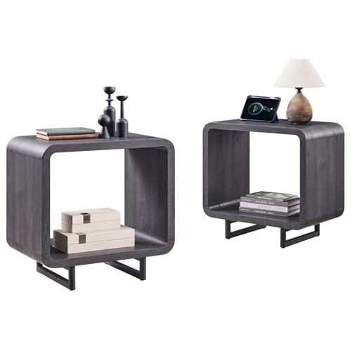 IFGET 23.6" Modern End Table Set of 2, 2 Tier Side Table with Charging Station, Simple Bedside Table with Open Storage Shelf, Outlet, Wooden Nightstand for Bedroom, Living Room, Study, Dark Grey - color: Dark Grey, size: 2 Pieces