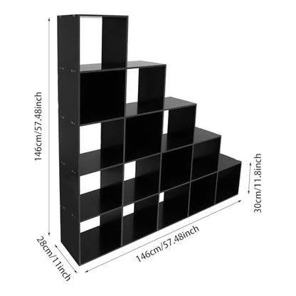 5-Tier Stepped Bookshelf, 15 Cube Storage Organizer Floor Standing Storage Shelf Modern Open Bookshelf for Home and Office (Black) - size: 15 Cube L-Shaped Black