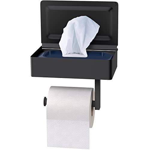 Black Toilet Paper Holder Wall Mounted with Shelf & Wipes Storage – Stainless Steel SUS304 Modern Toilet Tissue Roll Holder for Bathroom, Kitchen – Adhesive and Screw Installation - color: Matte Black