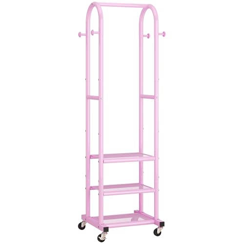 Dttwacoyh Clothing Rack with Wheels,Narrow Metal Garment Rack,Pink | Easy to install, 71.8 Inches Display Rack with 4 Side Hooks & 3 Shelves,for Small Flats, Bedroom, Entryway,Pink Clothes Rack - color: Pink