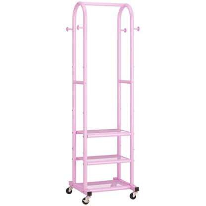 Dttwacoyh Clothing Rack with Wheels,Narrow Metal Garment Rack,Pink | Easy to install, 71.8 Inches Display Rack with 4 Side Hooks & 3 Shelves,for Small Flats, Bedroom, Entryway,Pink Clothes Rack - color: Pink