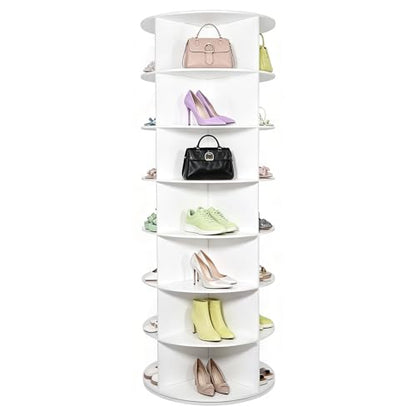7 Tier Rotating Shoe Rack Tower, Large Storage Organizer for 28-Pair Shoes, Space-Saving Free Standing Shoe Racks for Display Handbags Hats Decor - White
