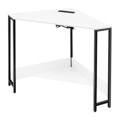 Corner Desk, Small Desk with Outlets, Corner Table for Small Space, Metal Frame, Freestanding Triangle Corner Desk, Corner Comnputer Desk with Storage Rack, for Small Space, Bedroom (White)