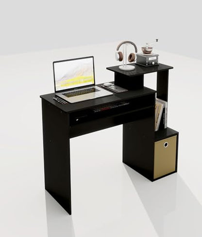 Small Computer Writing Desk with Drawers, Home Office Desk with Storage Shelves for Home Office Bedroom, Black/Brown - color: Black/Brown