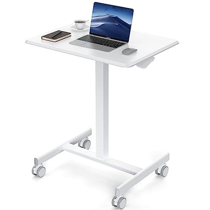 DUMOS Small Standing Desk with Wheels, Laptop Desk, 19 Inch | Portable Rolling Design, Adjustable Height Workstation, Home Office Mobile Station, White - color: Milky White