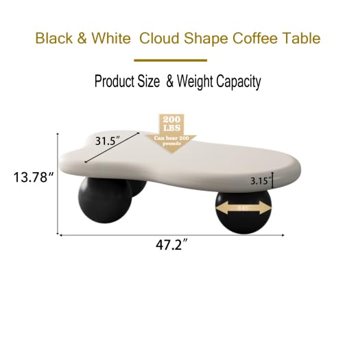 47.2” Cloud Coffee Table with 3 Ball Legs, Modern Irregular Center Table for Living Room, Low Cute Small MDF Tea Table for Bedroom, Space Apartment-White Black - color: Cloud-47" White Black