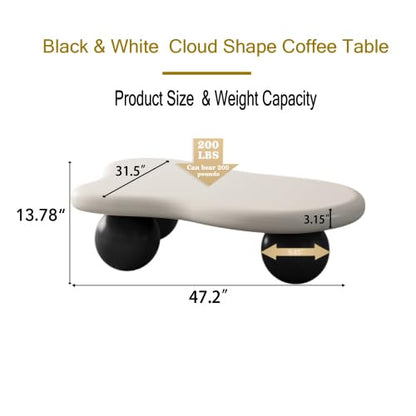 47.2” Cloud Coffee Table with 3 Ball Legs, Modern Irregular Center Table for Living Room, Low Cute Small MDF Tea Table for Bedroom, Space Apartment-White Black - color: Cloud-47" White Black