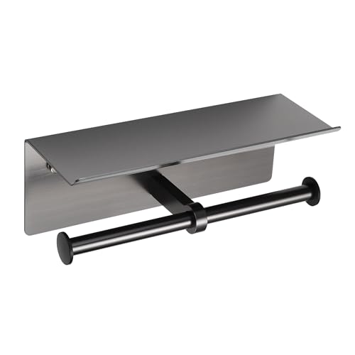 Grey Toilet Paper Roll Holder with Shelf Wall Mounted for Bathroom (Grey, Double Head) - color: Gunmetal Grey