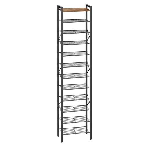 YATINEY 12-Tier Narrow Shoe Rack, Tall Shoe Rack for 12-24 Pairs, Slim Shoe Storage Organizer with Wooden Top, Space Saving, Metal Frame, for Entryway, Rustic Brown and Black SS61BR - color: Rustic Brown + Black, size: 16.5" x 10.4" x 80.4"