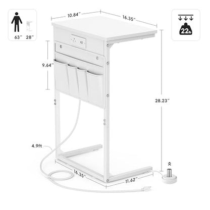 C Shaped End Table with Charging Station, 28" Tall Couch Side Table, Sofa Table Beside Table, Slide Under Sofa Arm C Table for Small Spaces, TV Tray Table for Living Room, Bedroom, White - color: White