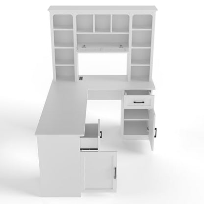 L-Shaped Home Executive Desk with 2 Cabinets and 2 Drawers, Computer Desk with Power Outlet, 11 Open Shelves and 1 Right Flip Shelf with Storage for Study, Living Room and Office (White-02) - color: White-02