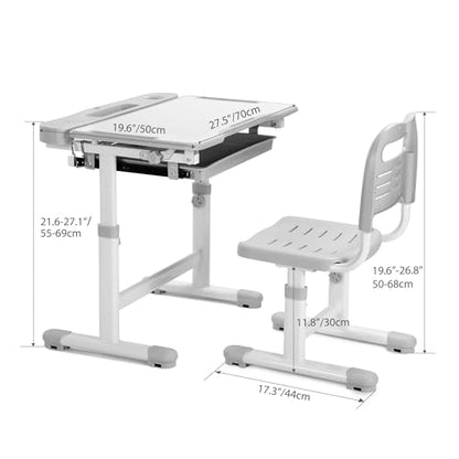 Rengue Kids Desk and Chair Set, Height Adjustable Children School Functional Study Desk with 55° Tiltable Desktop, 3 Modes & Brightness LED Light, Storage Drawer & Metal Hook for Boys Girls (Grey) - color: Grey