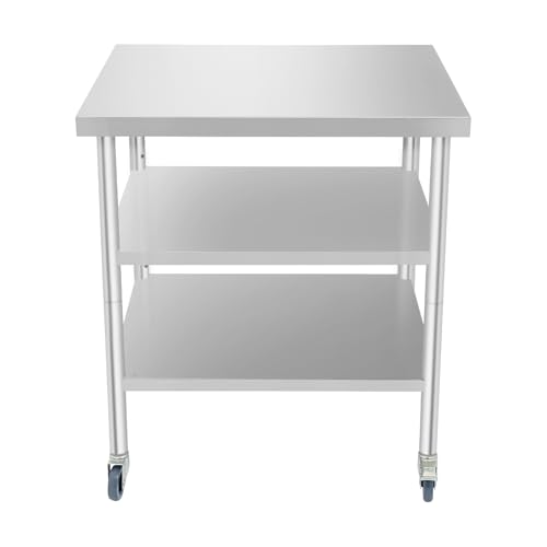 24x30x35in 3-Tier Stainless Steel Work Table with Casters & Foot Pads, Adjustable Shelves, 540 lbs Load Capacity, Heavy Duty Rolling Utility Cart for Garage, Kitchen, Hospital, Office, Commercial Use - size: 24 X 30 X 35 Inches