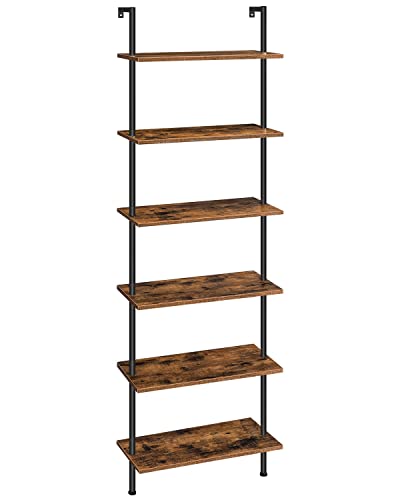 HOOBRO DIY Ladder Shelf, 6-Tier Wall Mounted Bookshelf, Office Vertical Bookcase, Wooden Storage Shelves for Home Office, Bedroom, Rustic Brown and Black BF65CJ01 - color: Rustic Brown and Black