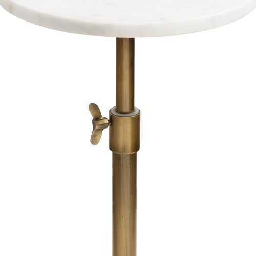 Kate and Laurel Engles Traditional Adjustable-Height Pedestal Drink Table, 10 x 10 x 30, White Marble and Antique Brass, Vintage Round Indoor Metal Plant Stand with Authentic Marble Tabletop