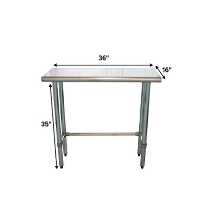 36" x 16" Open Base Stainless Steel Work Table | NSF Certified Commercial Prep Table with Galvanized Legs - size: 36"x16"