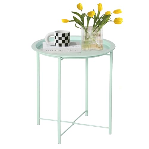 VECELO Side/End Table, Folding Round Metal Anti-Rust and Waterproof Outdoor or Indoor Tray for Living Room Bedroom Balcony and Office, 1 PCS, Light Green - color: Light Green, size: 1 PCS